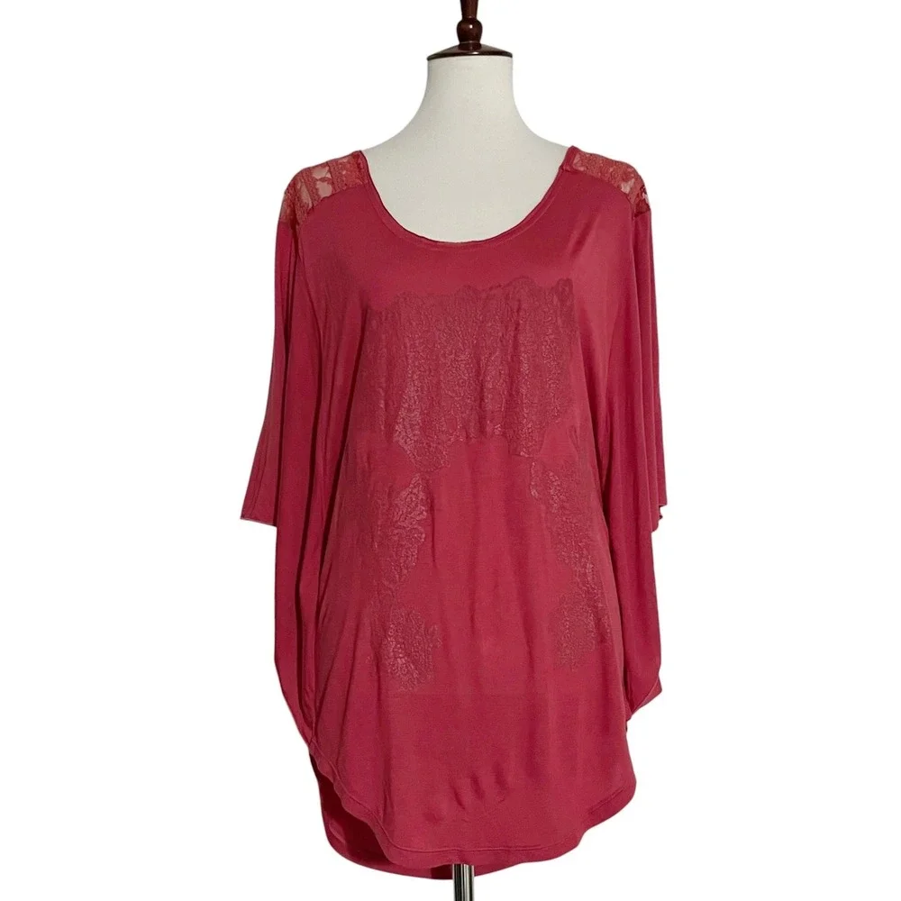 Free People Womens Berry Pink Lace Shoulder Draped‎ Open Back Tunic Top Large
